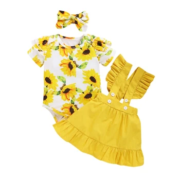 

Newborn Baby Girl Clothes Set Summer Sunflower Short Sleeve Romper Skirts Headband 3Pcs Outfit Newborn Infant Clothing