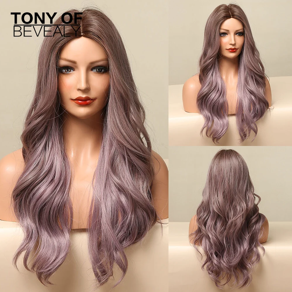 Long Water Wavy Synthetic Wigs Ombre Brown Middle Part Natural Hair Wigs For Women Cosplay Wigs Heat Resistant Fiber