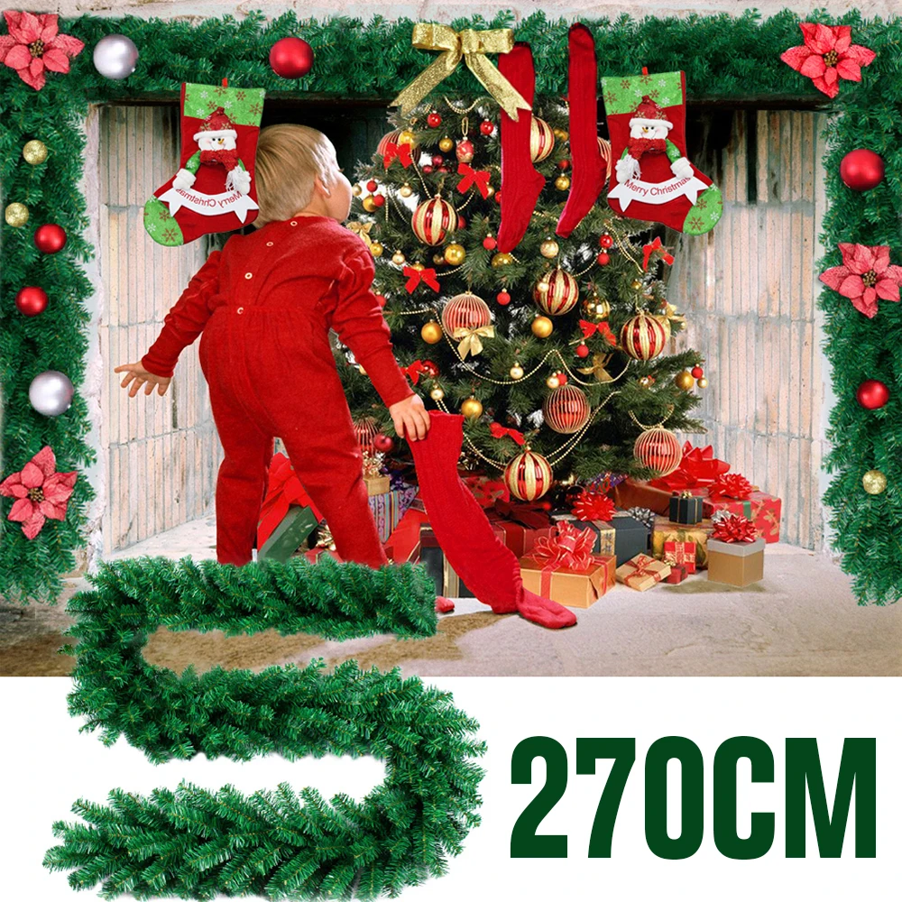 

2.7m Artificial Green Christmas Garland Wreath Xmas Home Party Christmas Decoration Pine Tree Rattan Hanging Ornament For Kids