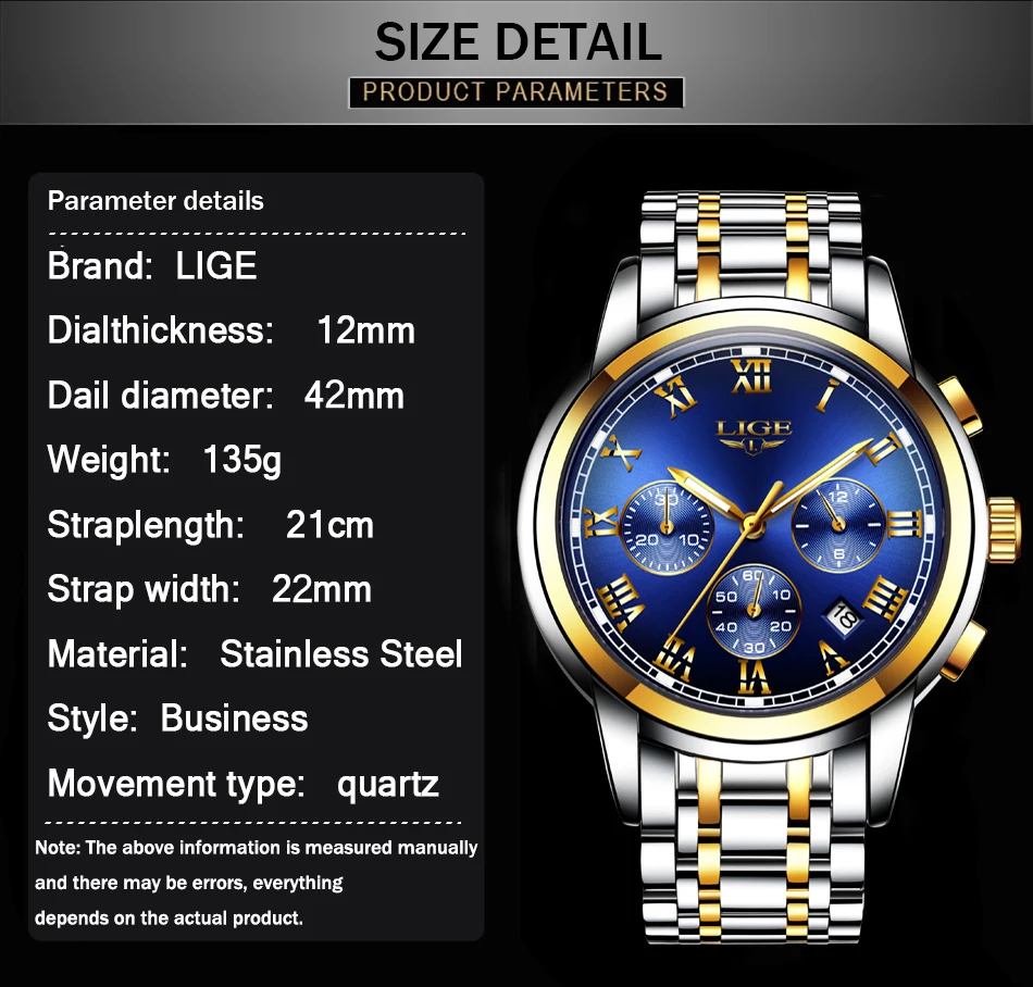 Модные мужские часы LIGE Топ Бренд роскошные часы с хронографом Мужские Бизнес водонепроницаемые полностью стальные золотые часы Relogio Masculino