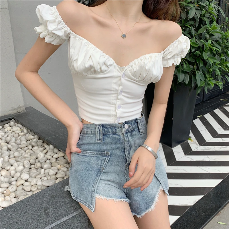 

Puff Sleeve Blouse Women Slash Neck Button Vintage Crop Top Plus Size White Tops Shirt Summer Shirts Cropped Cold Shoulder 2019