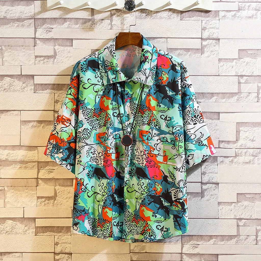 Мужская рубашка camisa Летняя Повседневная модная Свободная рубашка с коротким рукавом и принтом рубашка с отворотами пляжная рубашка мужские Топы Блузка chemise homme