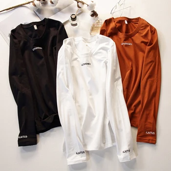 

Long-sleeved T-shirt Women's 2020 New Style Spring Clothing Pure Cotton Base Shirt Lettered Embroidery on Clothes 7653