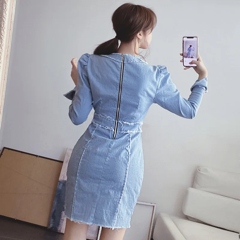 2020 Fashion Jeans Dress for Women Clothing Long Sleeve Singer Button Wrap Blue Dress Woman Casual Elegant Mini Fall Dress Lady