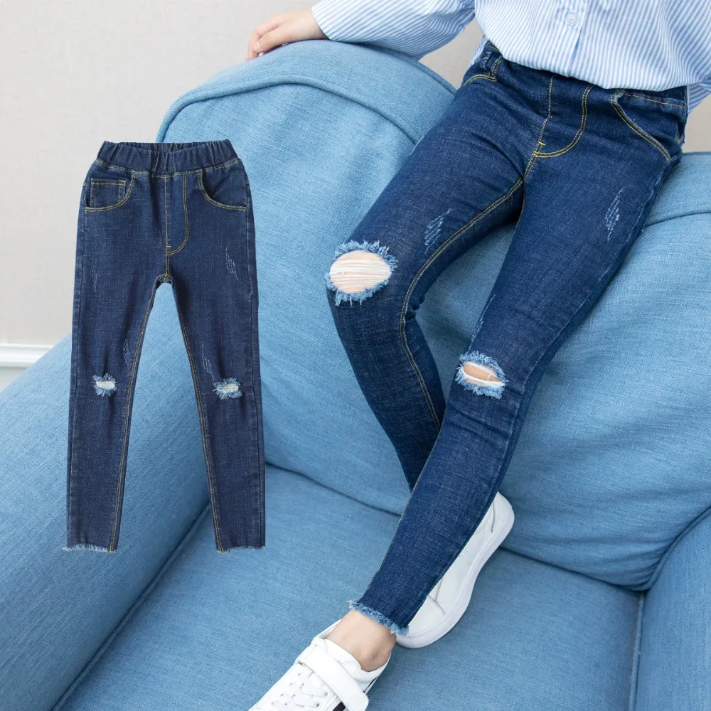  Teenage Girls Jeans Black Hole Ripped Pencil Pants Baby Girls Trousers Jeans for Kids 2019 Spring C