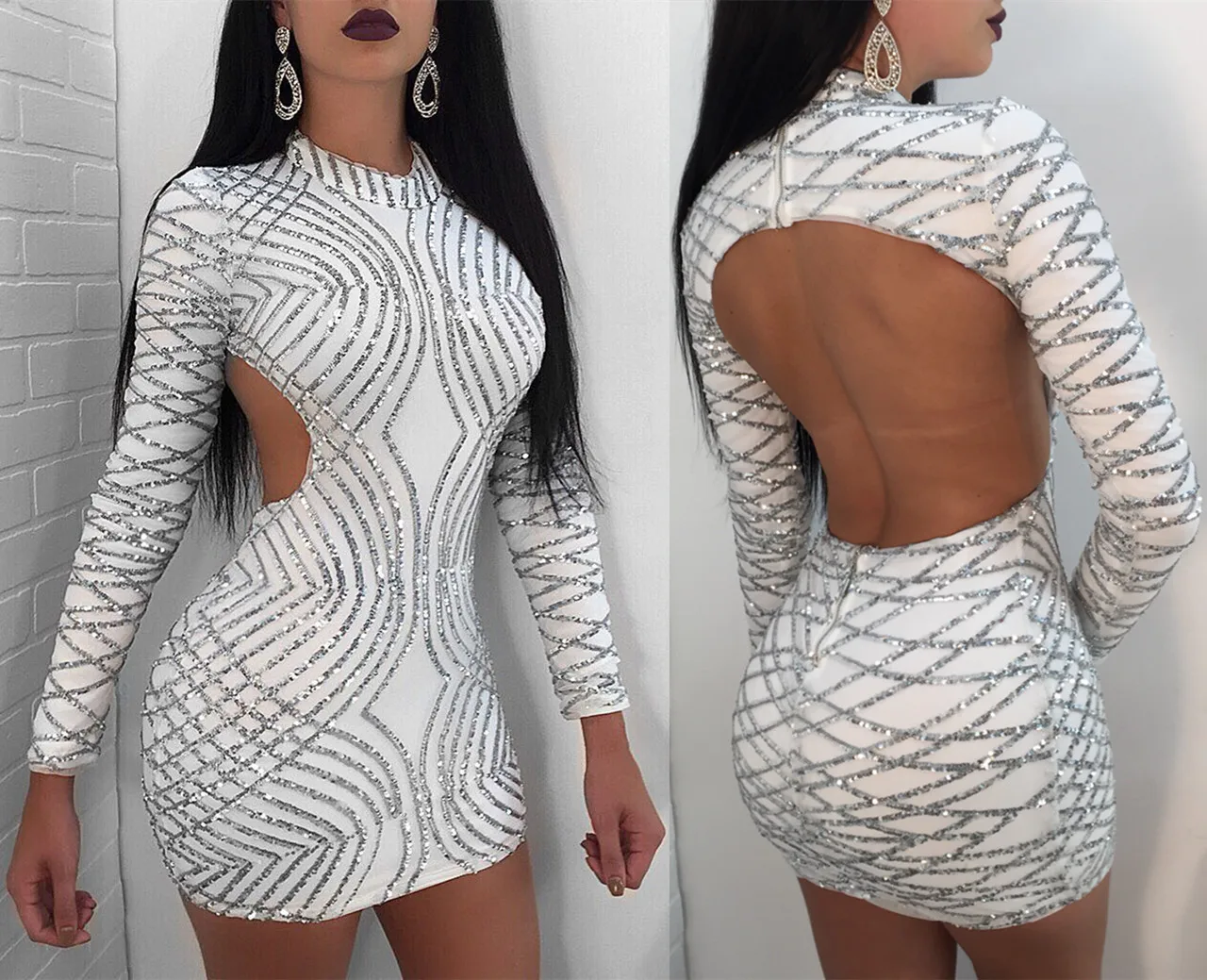 

Fadzeco Women Sexy Sequin Bodycon Dress Autumn Sexy Open Back Long Sleeve Evening Party Mini Dress Package Hip Club Dress