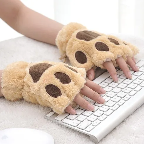 Ladies Winter Fingerless Gloves Fluffy Bear Cat Plush Paw Claw Half Covered