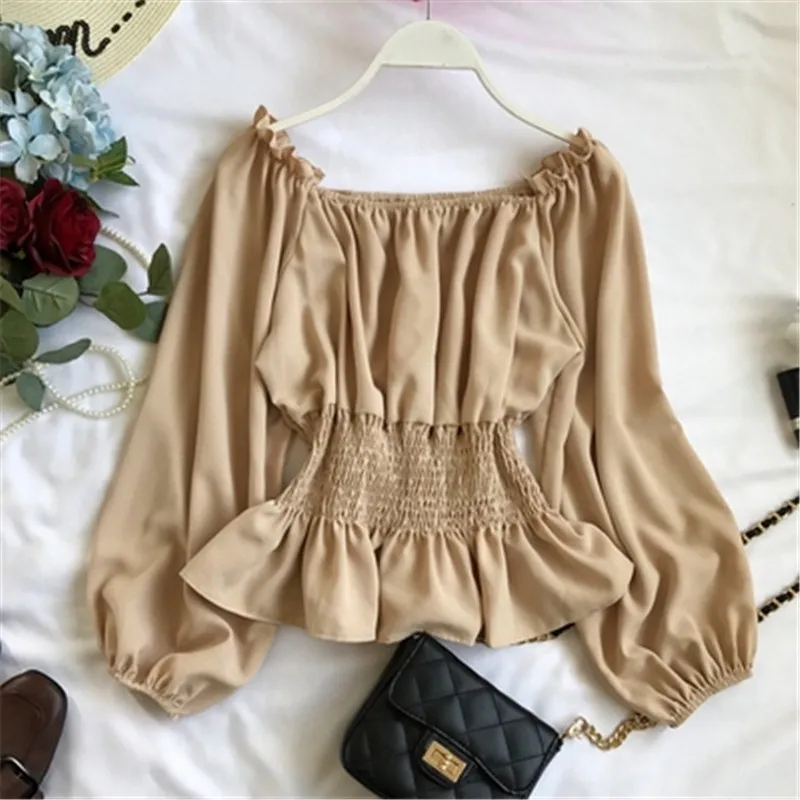 2020 Autumn Chiffon White Blouse Shirt Off Shoulder Crop Top Long Sleeve Blouses Ruffles Solid Sexy Blusa Mujer Black Tops 3