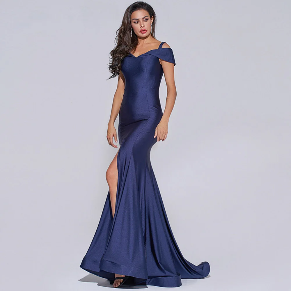 Blue Elegant Evening Party Dress Sexy High Split Mermaid Long  Dresses Floor Length Spaghetti Straps Women Wedding Formal Gowns plus size evening gowns