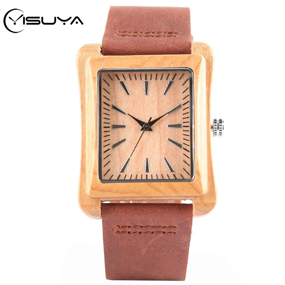

YISUYA Rectangle Dial Wooden Watches for Men Natural Wood Bamboo Genuine Leather Quartz Clocks Male Hour Gifts Relogio Masculino