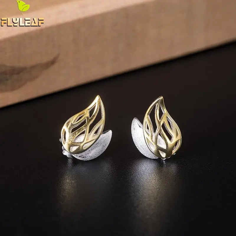 

925 Sterling Silver Hollow Leaves 18k Gold Stud Earrings For Women Palace Vintage Style Fine Jewelry Female Wear Accessories