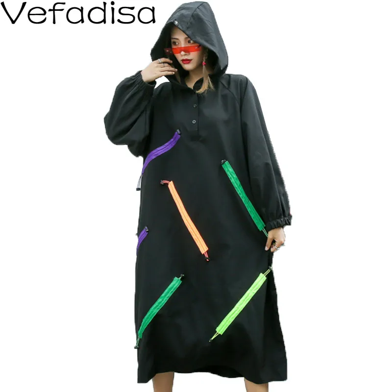 Vefadisa Plus Size Colorful Drawstring Women Dress 2021 Fall Hooded Pullover Long Sleeve Striped Black QYF3692 | Женская одежда