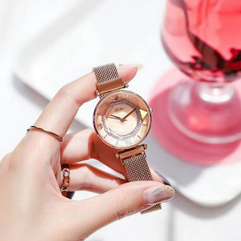 Модные часы со стразами для женщин розовое золото магнитные часы для женщин роскошный браслет огранка камня цветок зеркало наручные часы Relogio Feminino