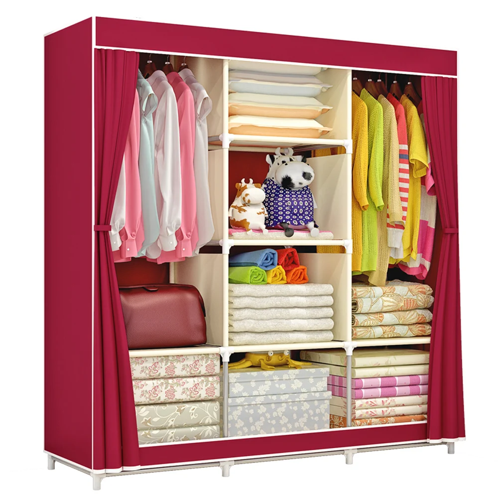

Home Large Fully-Closed Clothes Storage Closet Quilts Organizer Wardrobe with Metal Shelves Dustproof Non-woven Fabric Cover