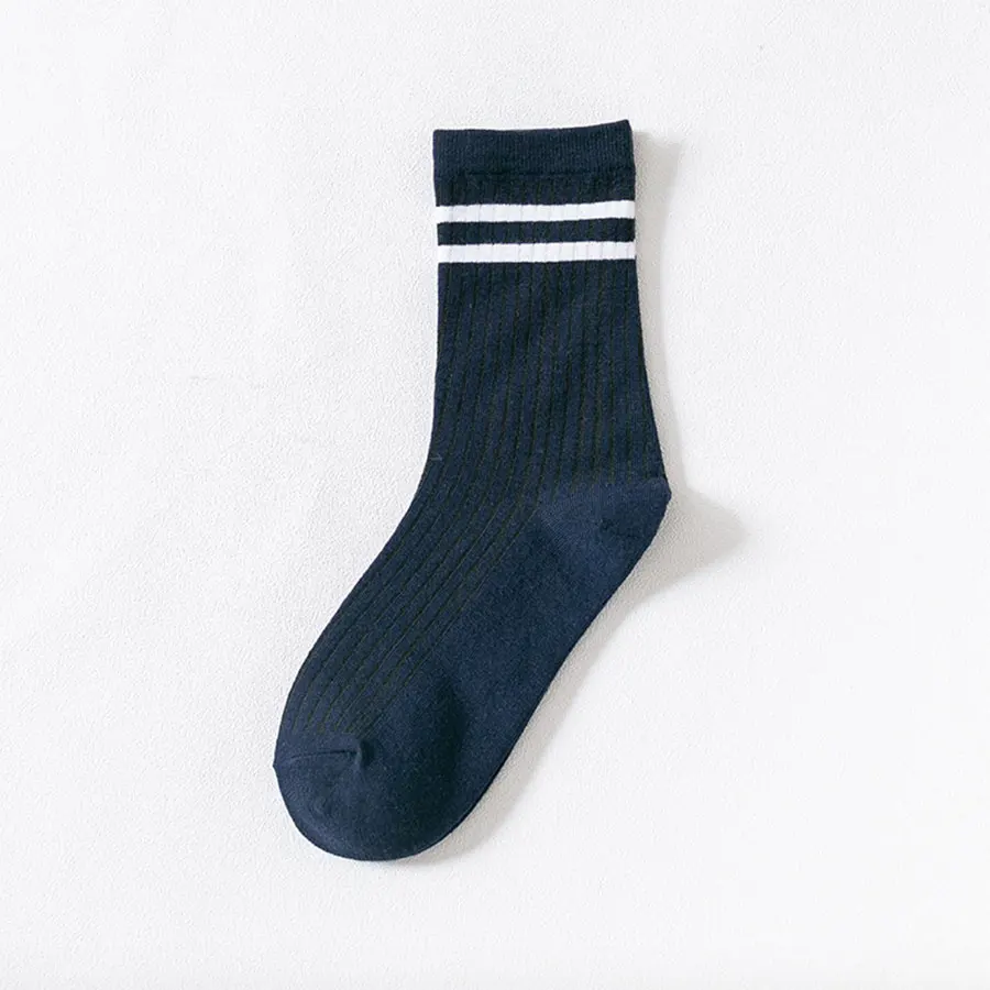 Navy blue Хлопковые женские носки в двойную полоску, однотонные, черные, белые, зеленые, желтые короткие носки, женские повседневные носки - Цвет: Navy blue