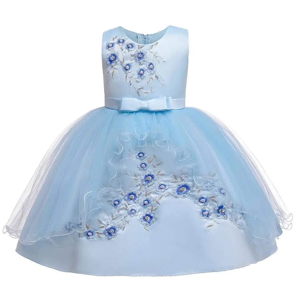 Hetiso/платья для маленьких девочек детская одежда принцессы для дня рождения свадебное платье без рукавов с вышитыми цветами бальное платье для детей от 1 до 7 лет - Цвет: Небесно-голубой