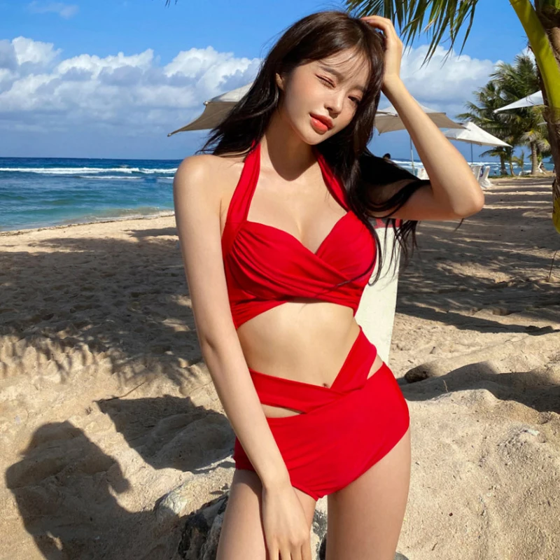 

2023 New Arrival Summer Swimwear Women Sexy Two Pieces Bikini Set Solid Color Halter Lace-up Padded Push Up Swimsuit