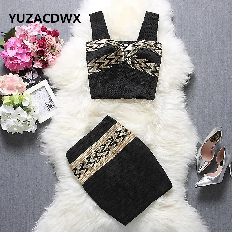 

Fashion Customization Bandage Skirts+Tank Tops 2pcs Sets Geometric Printed Pattern Bodycon Back Zipper Jacket+Pencil Skirt Sets