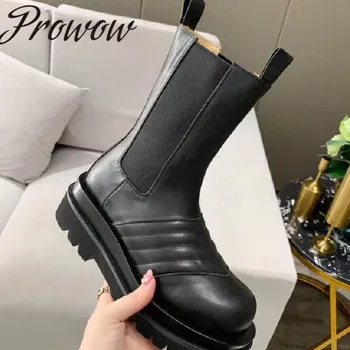 

Hot Black Khaki Genuine Leather Fashion Runway MId Calf Autumn Winter Boots Round Toe Slip On Comfortable Branded Boots