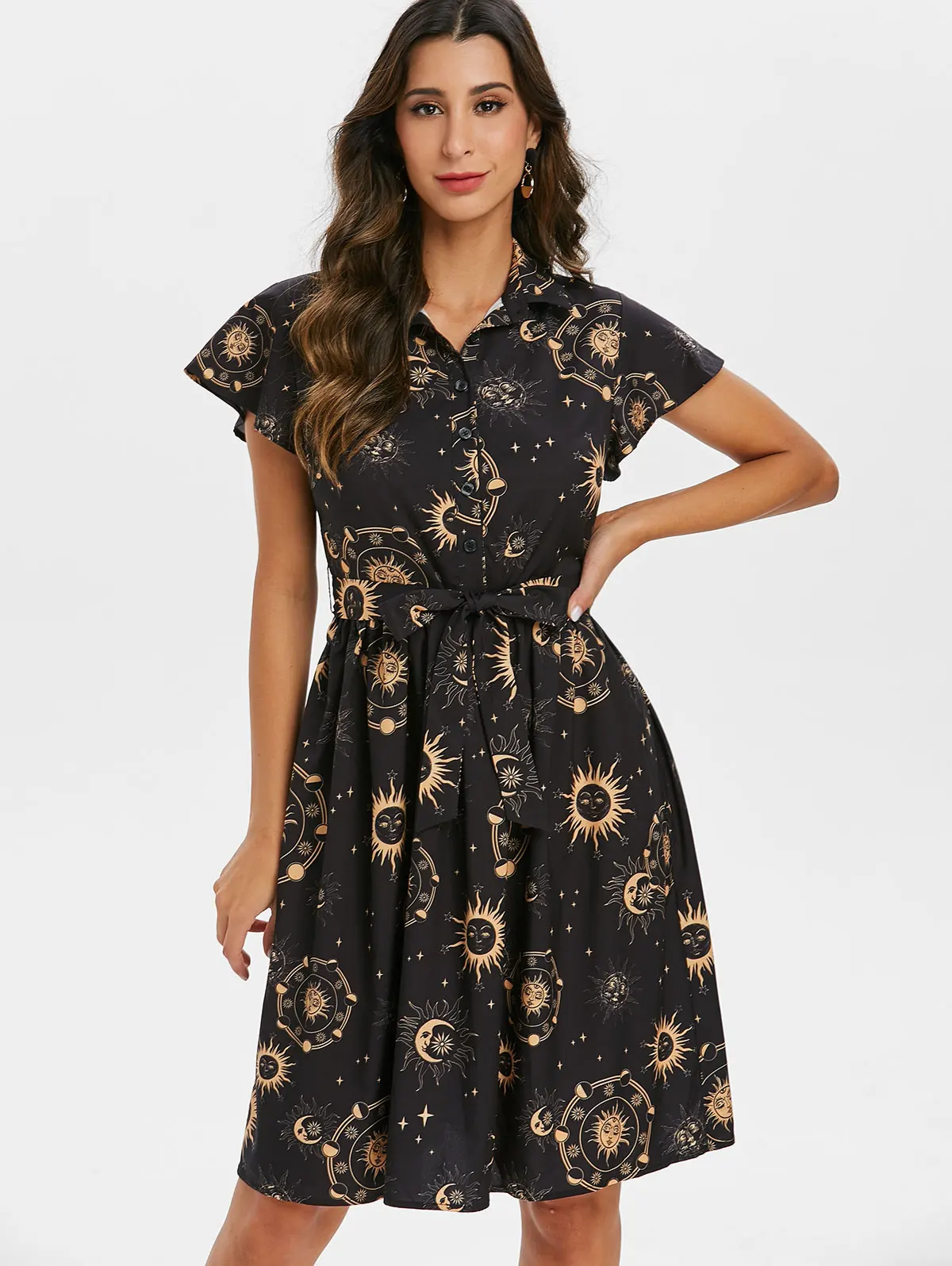 

Wipalo Summer Fall Women Sun Moon And Star Print Belted Skater Dress Going Out A-Line Turn Down Collar Short Sleeves Shirt Dress