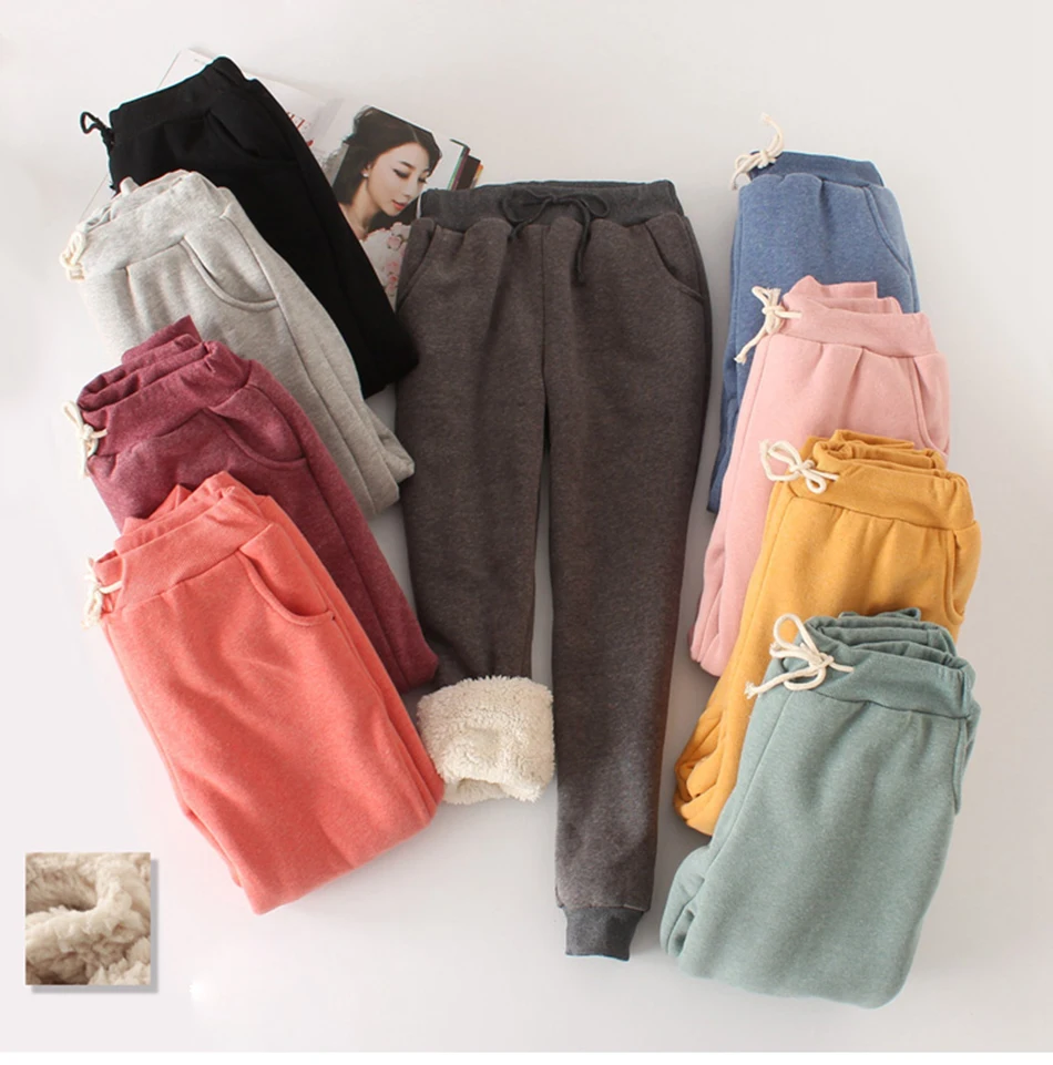 Зимние Хлопковые Штаны из овечьей кожи, спортивные штаны, шерстяные повседневные штаны, бархатные утепленные штаны большого размера для женщин