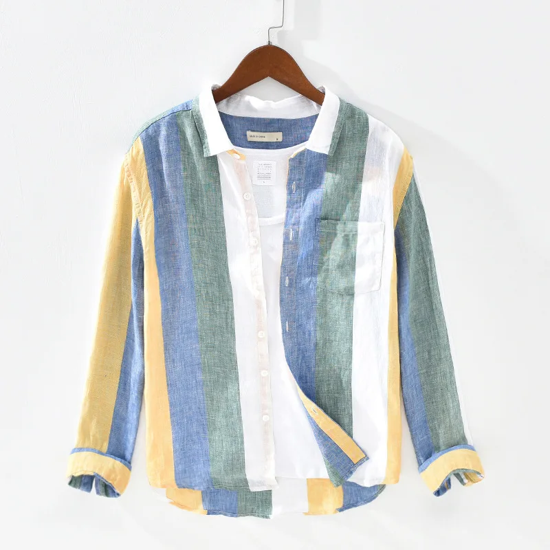 Long-Sleeve Shirt Fashion Spring Minimalism Japan-Style Stripe Colorful Linen Dyed Leisure