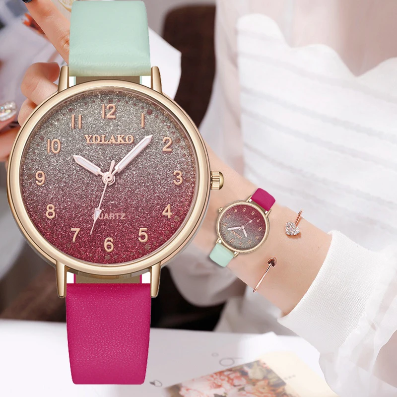 

Fashion Women Starry Sky Watch Gradient Color Leather Creative Loose Powder Digital Dial Ladie Casual Simple Wrist Watch Relgio