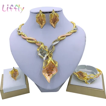 

Liffly African Jewelry Set Women Party Colorful Necklace Bracelet Crystal Earrings Ring Dubai Bridal Wedding Jewelry Sets