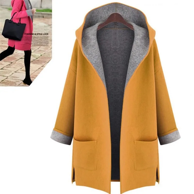 Куртки плюс размер шерстяное пальто женское повседневное 4Xl 5Xl с длинным рукавом осень зима с капюшоном Шерсть комбинированная верхняя одежда выше размера тренчи пальто