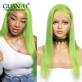 

180 Density Light Lime Green Human Hair Wig Brazilian Remy Straight Long Mint Green Lace Front Wigs For Black Women