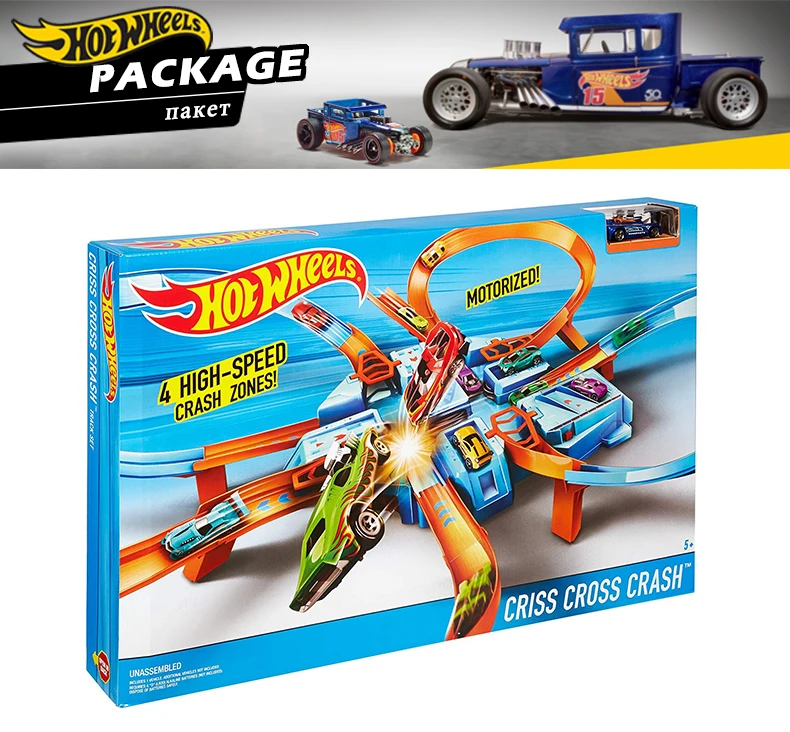 Оригинальная Автомобильная дорожка Hot Wheels Criss Cross Crash Playset 1: 64 литая под давлением гоночная модель автомобиля 4 Угловая игра Новые игрушки для детей