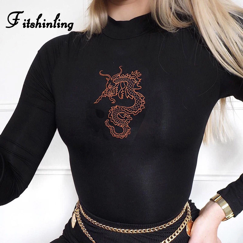 

Fitshinling Gothic Chinese Style Bodysuit Women Dragon Print Body Mujer Jumpsuit Dark Turtleneck 2020 Spring Grunge Bodysuits