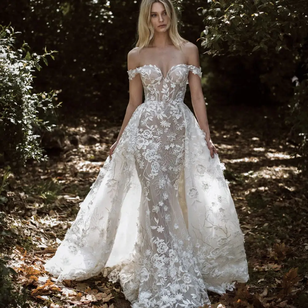 

Overskirt Mermaid Wedding Dresses 2020 Floral Appliqued Lace Country Bridal Gowns With Detachable Train Vestidos De Novia