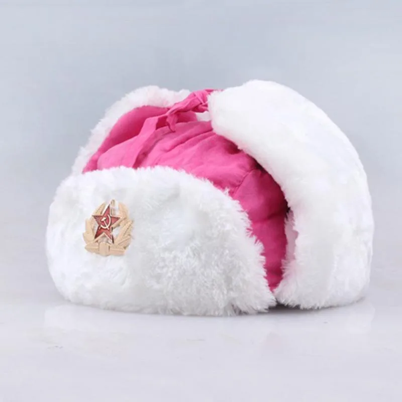 logo pink Русская советская армия, военный значок ушанка, шапки-бомберы, шапка авиатора, зимняя шапка авиатора из искусственного кроличьего меха, шапка-ушанка для снежной погоды - Цвет: logo pink