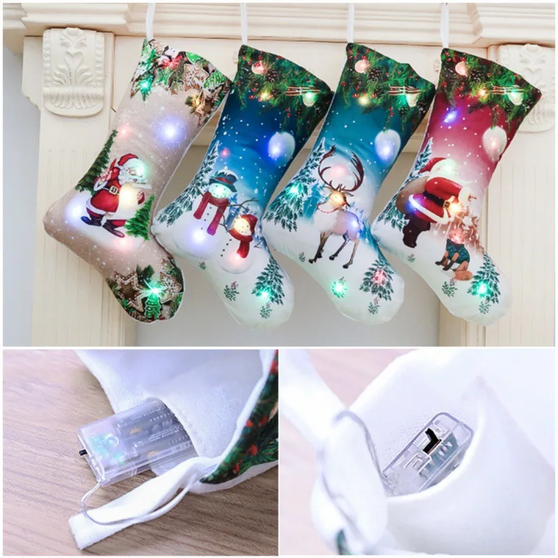 LED Light Up Christmas Stocking Gift Holders Fireplace Hanging Ornament Holiday Party Christmas Decor Stocking New Year Gifts