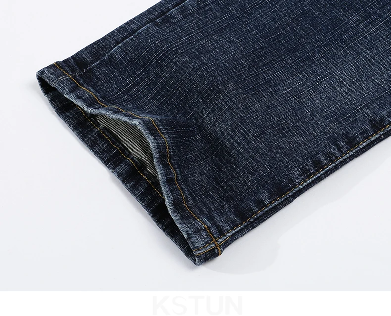 KSTUN Mens Jeans Brand Winter Jeans Dark Blue Slim Straight Stretch Business Casaul Denim Pants