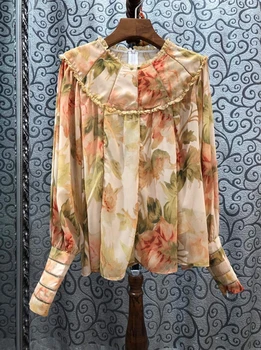 

2020 Spring and Summer New Women's Crew Neck Prints Color Decoration Loose Long Sleeve Wild Top 410