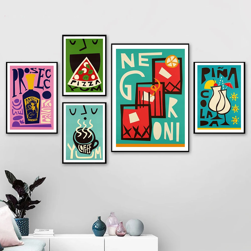 Astratto Cartone Animato Cibo Succo Di Frutta Rum Gin Wall Art Canvas Painting Yum Coffee Pizza Prosecco Poster Per Club Bar Shop Decor