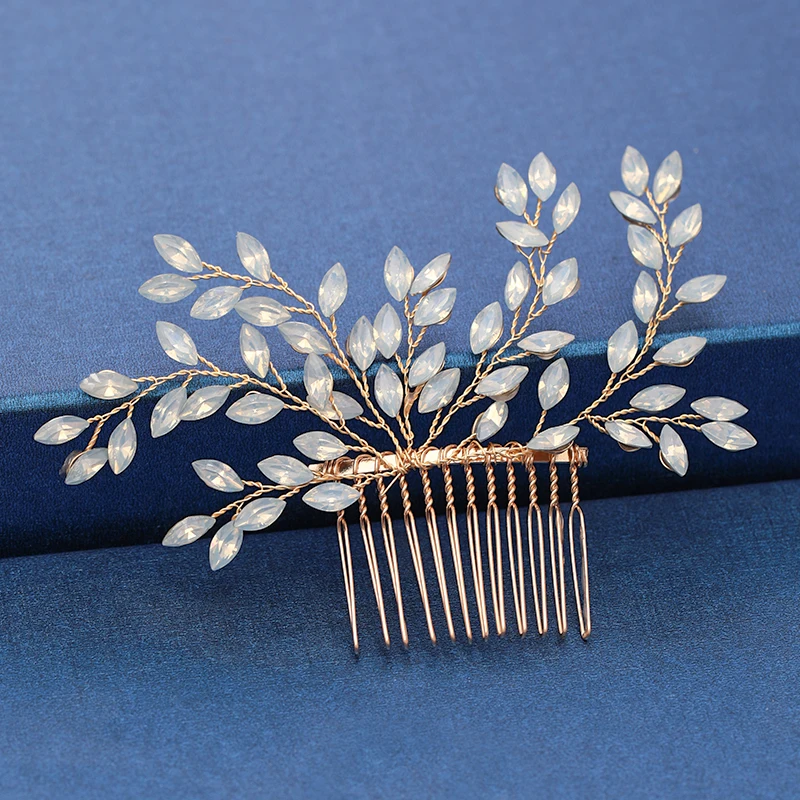Trendy Handmade Tiara Wedding Hair Comb Leaf flower Bridal Headpiece Gold Pearl Rhinestone Head Jewelry Wedding Hair Accessories