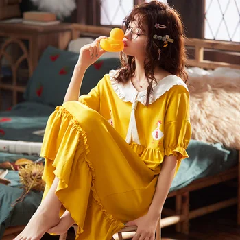 

Women's Spring and Summer new cotton round neck yellow print sexy Korean nightgowns for home