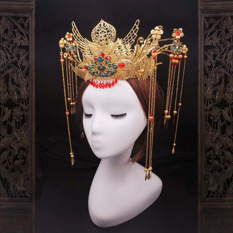 Starlit Phoenix Crown - Gold Bridal Headpiece Chinese Wedding Hair Accessories with Forehead Pendant
