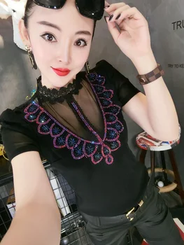 

Summer Women's T-shirts Short Sleeve Women Gemstones T-shirts Lady Bling Bling Bead Work Tees Tops