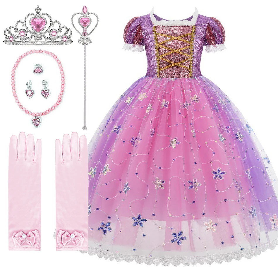 Children Princess Dress Little Girls Rapunzel Costume Purple Vestidos Kids Cosplay Layered Gown