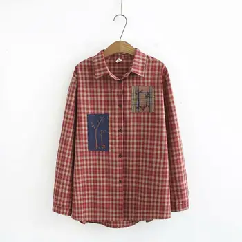 

Embroidery patchwork cotton Plaid women loose shirts 2020 new plus size spring autumn casual ladies blouse female tops oversize