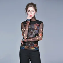 2020 Spring&Summer Casual Style Slimming Turtleneck Vintage Printed Elastic Yarn Shirt Long Sleeve Black Hoodie Free Shipping