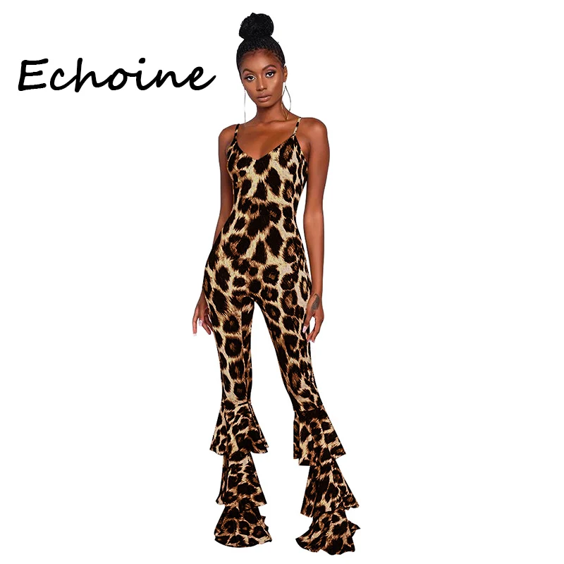 

Echoine Sexy Print Leopard Jumpsuit Bandage Backless Long Wide Pnats Rompers Womens Jumpsuit Overalls For Women