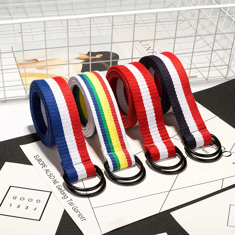 Candy-color Canvas Belt Unisex New  Sports Double-ring Buckle Braided Cloth Waistband 8Colors 110-140cm Length 3.8cmWidth black leather belt