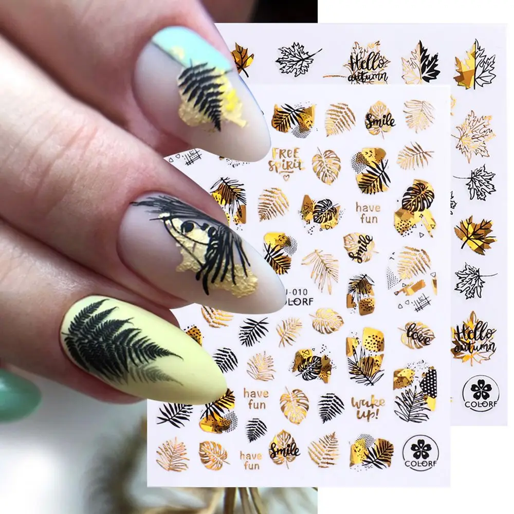 

Gold Maple Leaf Winter Nail Design Slider Decals Holographics Nail Stickers Valentine Rose 3D