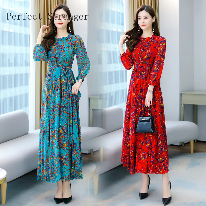 Long Sleeve Women Long Chiffon Dress 