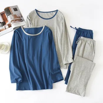 

Mens Knitted 100% Cotton Pajamas Thin Long-sleeved Homewear O-Neck Solid Men Sleepwear Plus Size Sleep Set 2 Piece Wholesale